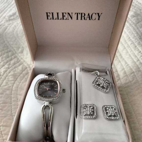 Ellen Tracy Silver Watch, Necklace and Earrings Jewelry Set - Picture 4 of 12
